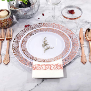 VAISSELLE LAVABLE ROSE GOLD 175PCES AVEC SERVIETTES