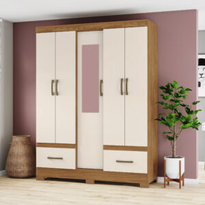 ARMOIRE 5P/2T/ BOIS-CREME/MIROIR  1455X2000X465 B60-127
