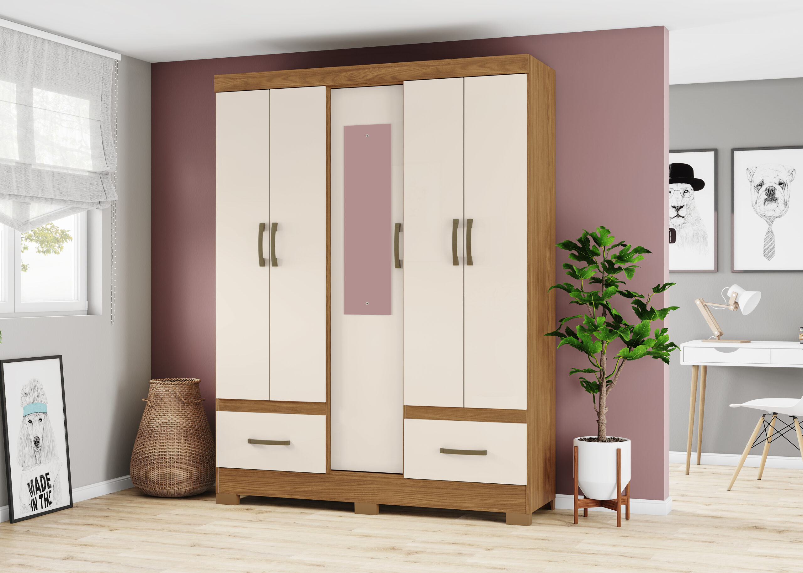 ARMOIRE 5P/2T/ BOIS-CREME/MIROIR 1455X2000X465 B60-127