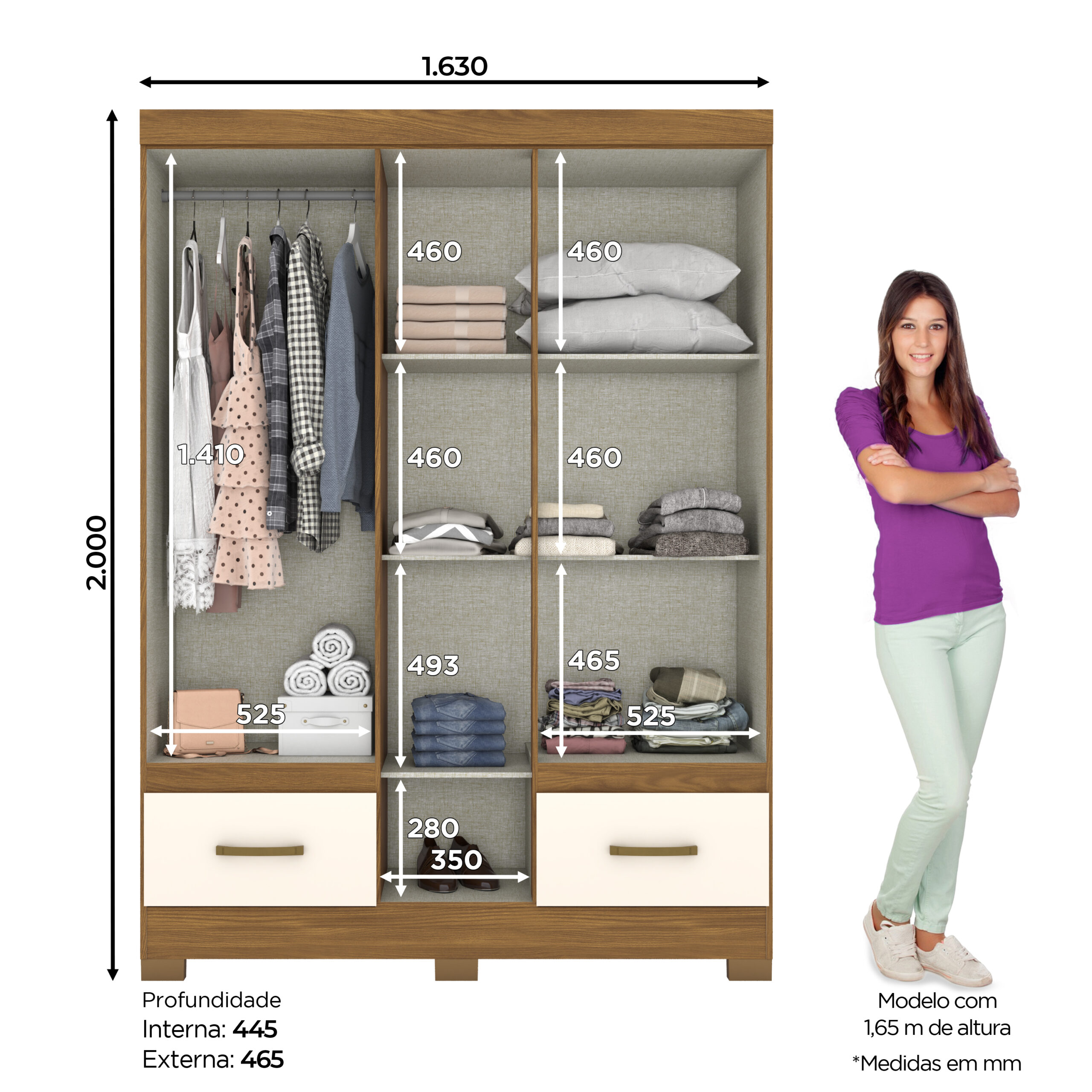 ARMOIRE 5P/2T/ BOIS-CREME/MIROIR 1455X2000X465 B60-127 – Image 2