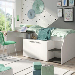 LIT AVEC BUREAU INTEGRE ET RANGEMENT MULTI BLANC