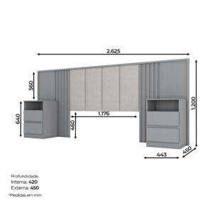 TETE DE LIT GRIS AVEC 2 CHEVETS  2625X1200 D610-532