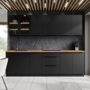 Cuisine SIENA 260 cm, coloris noir, avec plan de travail assorti noir.