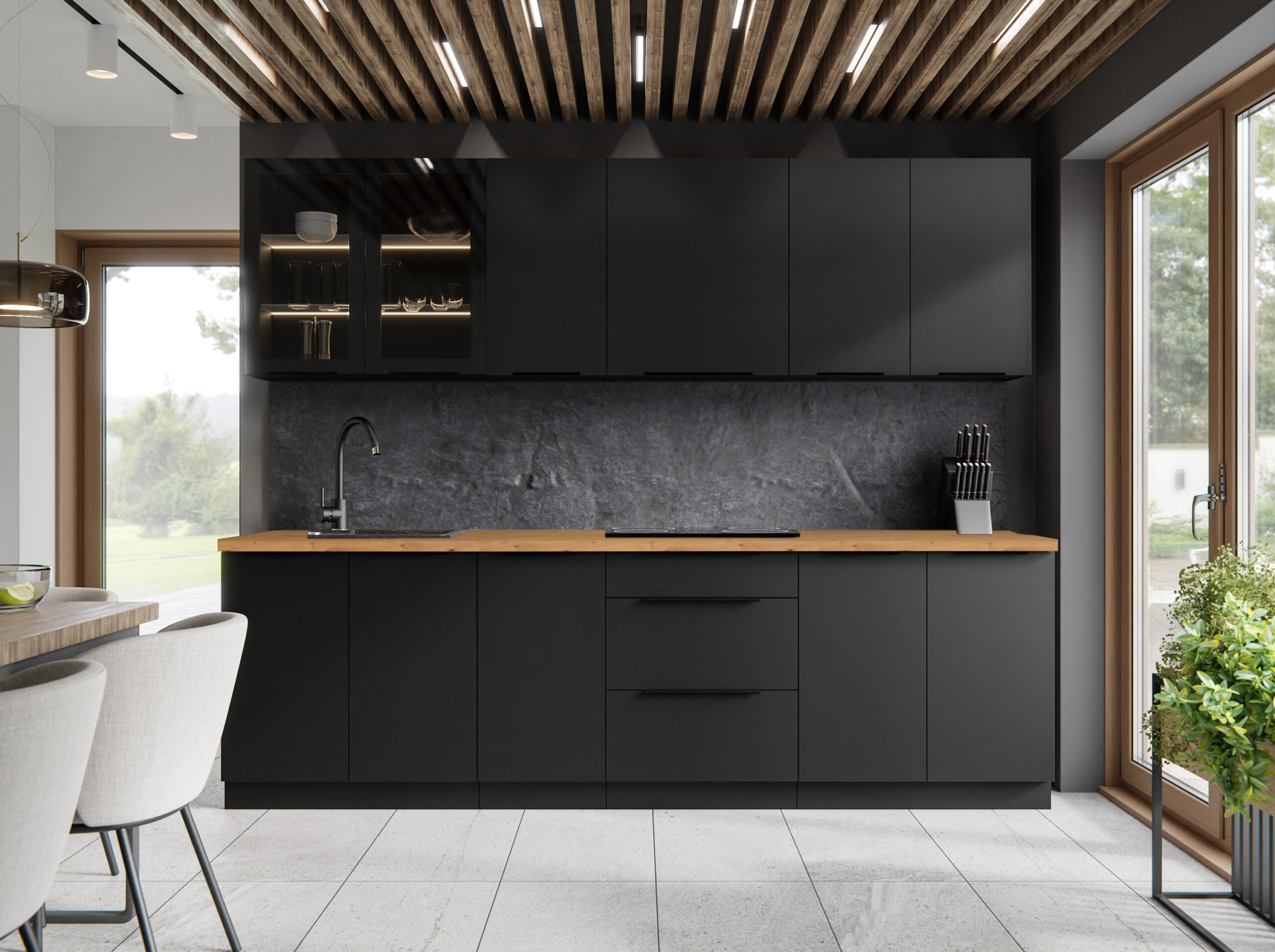 Cuisine SIENA 260 cm, coloris noir, avec plan de travail assorti noir.