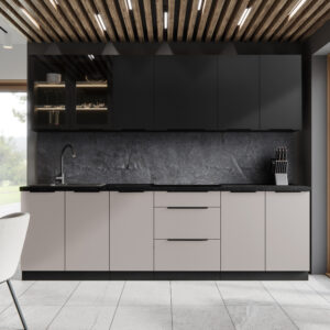 Cuisine SIENA 260 cm, coloris beige et noir, avec plan de travail noir