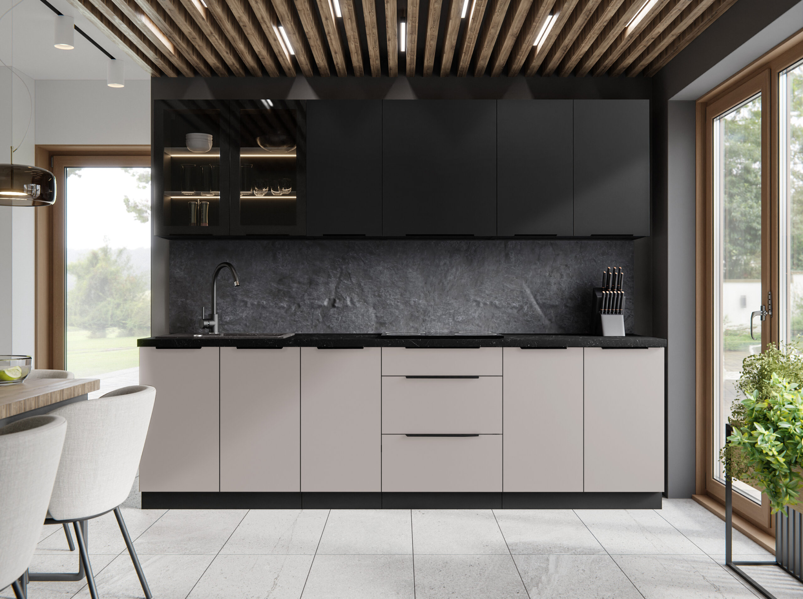 Cuisine SIENA 260 cm, coloris beige et noir, avec plan de travail noir