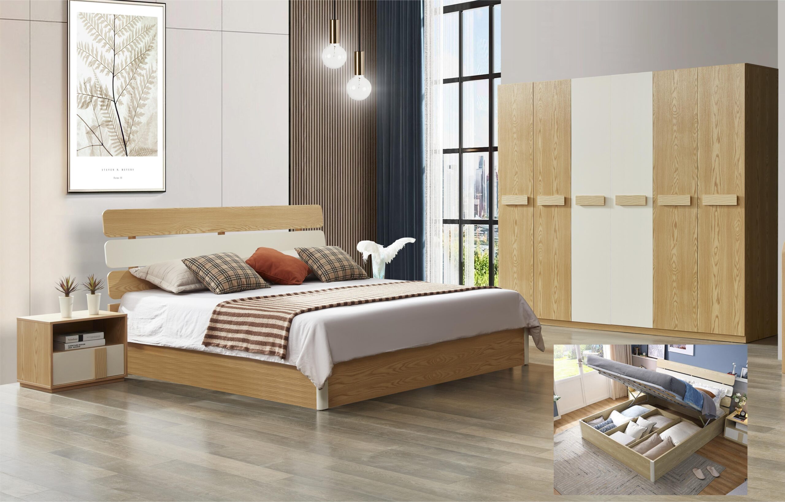 CHAMBRE DZ19 LIT160(avec coffre)+1 CHEVET +ARMOIRE 6PORTE