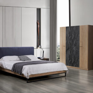 CHAMBRE DZ43 LIT160+1 CHEVET +ARMOIRE 4PORTE +COIFFEUSE  CHENE/GRIS MARBRE