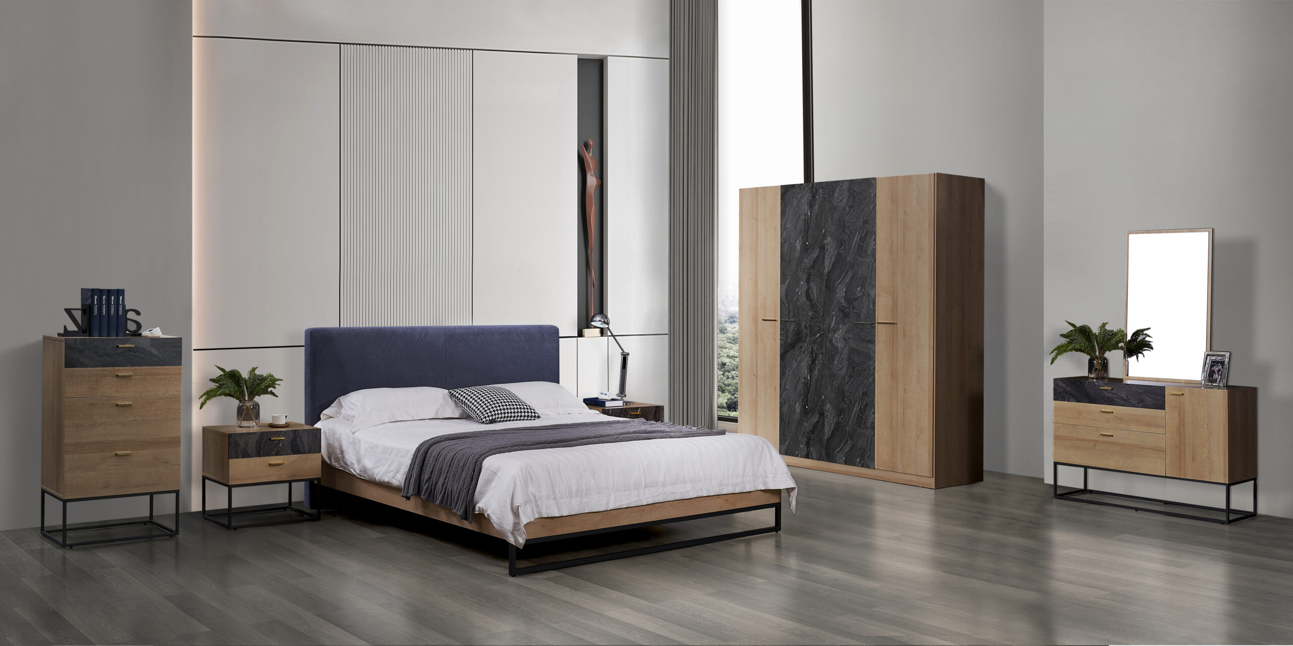 CHAMBRE DZ43 LIT160+1 CHEVET +ARMOIRE 4PORTE +COIFFEUSE CHENE/GRIS MARBRE