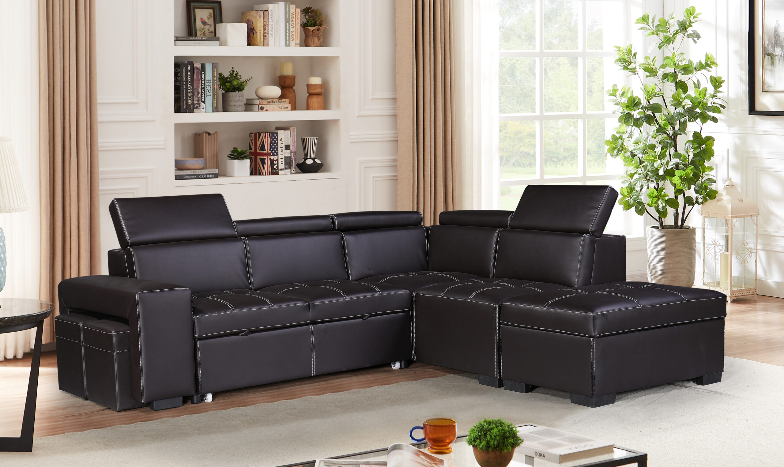 SALON ANGLE CONVERTIBLE AVEC COFFRE/2 POUF ZY2088 239X144X77 OTTOMAN 92X61X44