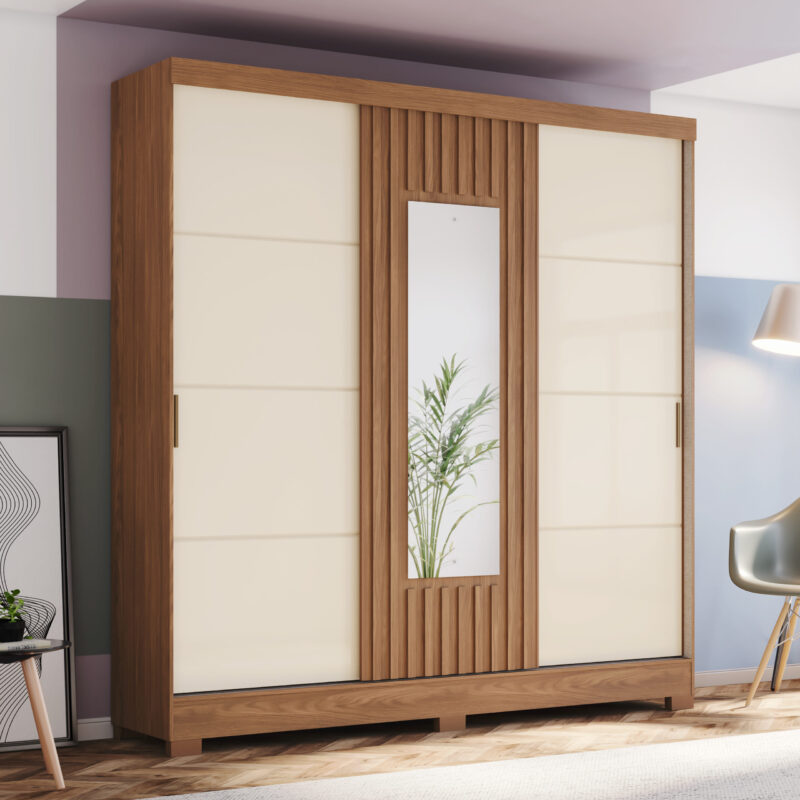 ARMOIRE COULISSANTE /MIROIR BEIGE BOIS 2000X2150X480 B376-127