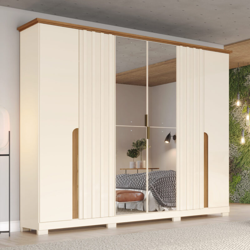 ARMOIRE 6P/2MIROIR BEIGE/BOIS 2860X2905X525 D308-129 NAPOLI