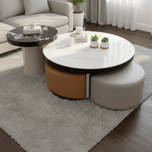 TABLE BASSE/2 800X800   500X500 AVEC 4 TABOURET