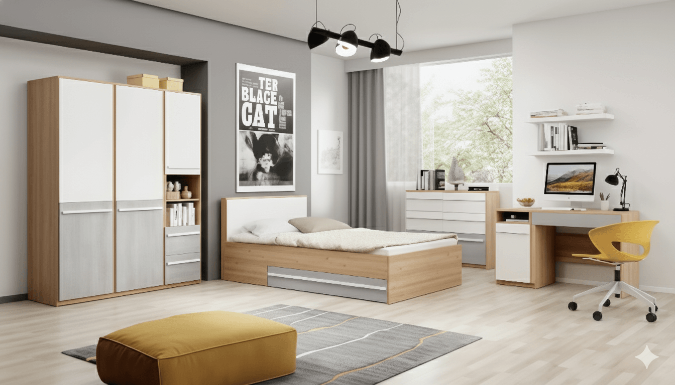 CHAMBRE A COUCHER UL25BE0201 LIT140X200/COMMODE/1CHEVET/ARMOIRE 3PORTES /BUREAU