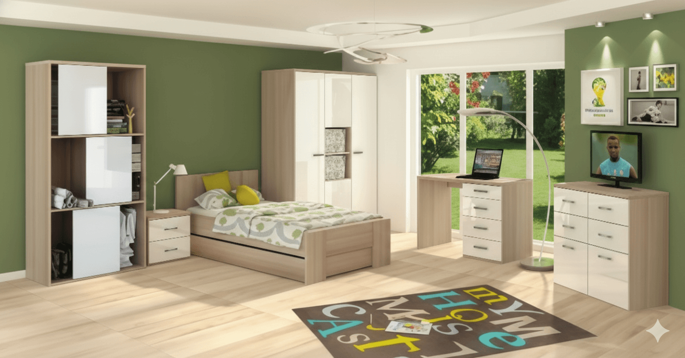 CHAMBRE A COUCHER UL25BE0205 LIT120X200/COMMODE/1CHEVET/ARMOIRE 3PORTES /BUREAU /BIBLIOTHEQUE
