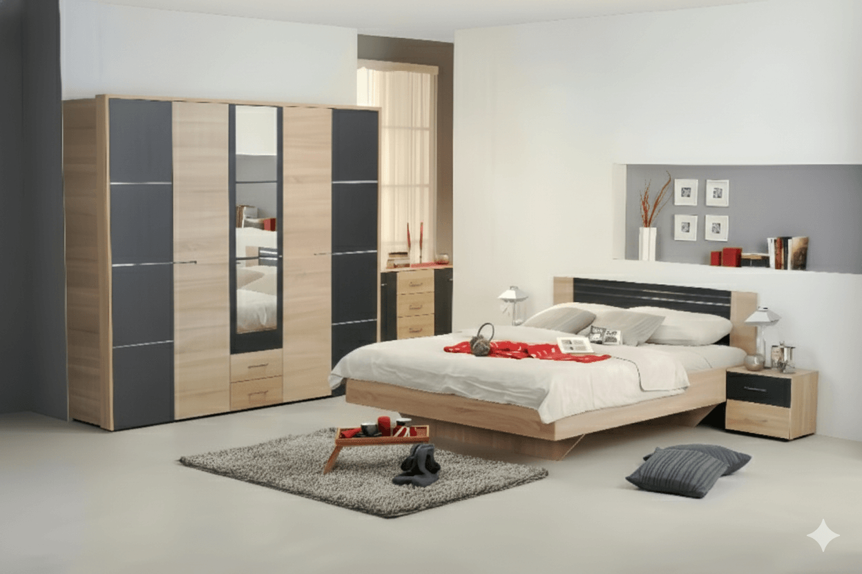 CHAMBRE A COUCHER UL9EU1049 LIT160/2CHEVET+ARMOIRE 5 PORTES