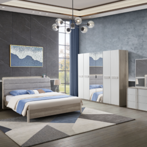 CHAMBRE DZ19A BOIS LIT160+2 CHEVET +ARMOIRE 6PORTES  M58/M40 +2ETAGERES  GRIS BLANC