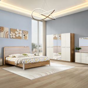 CHAMBRE DZ19B LIT160+2 CHEVET +ARMOIRE 6PORTES  M82/M03 +2ETAGERES BEIGE BLANC
