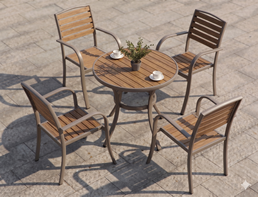 TABLE TERRASSE RONDE 80X80X75 H1316+2CHAISE ALUMINIUM