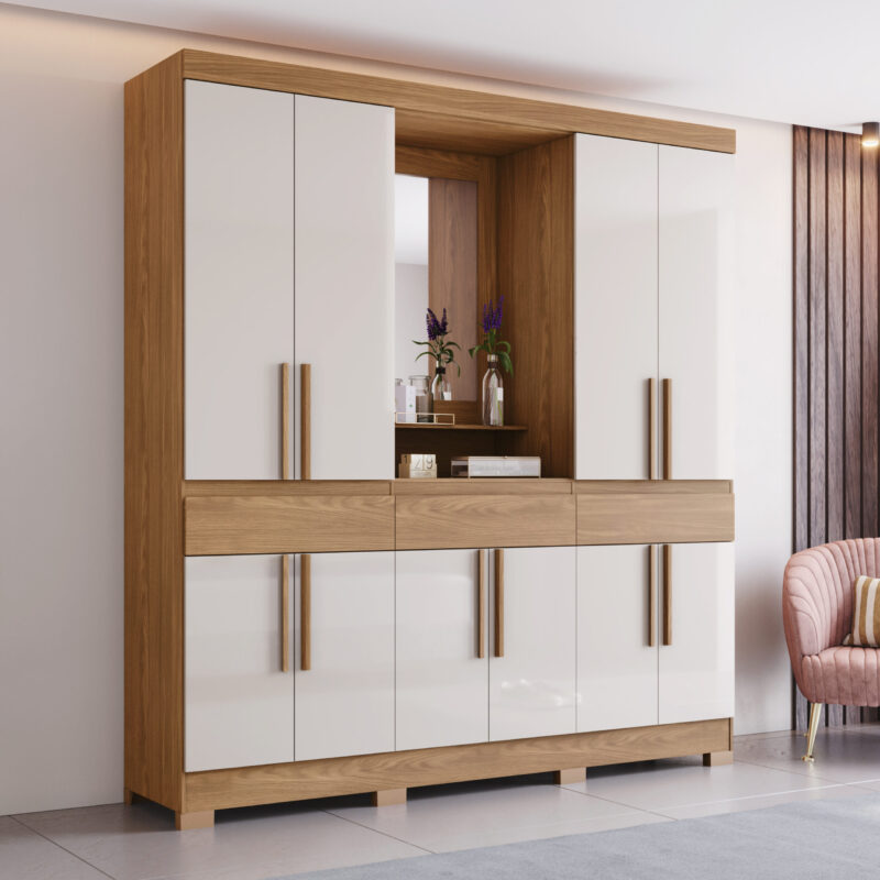 ARMOIRE 10P /MIROIR BEIGE BOIS 2000X2150X465 B374-127