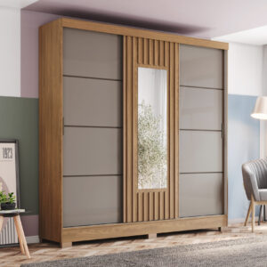 ARMOIRE COULISSANTE  /MIROIR GRIS BOIS 2000X2150X480  B376-222