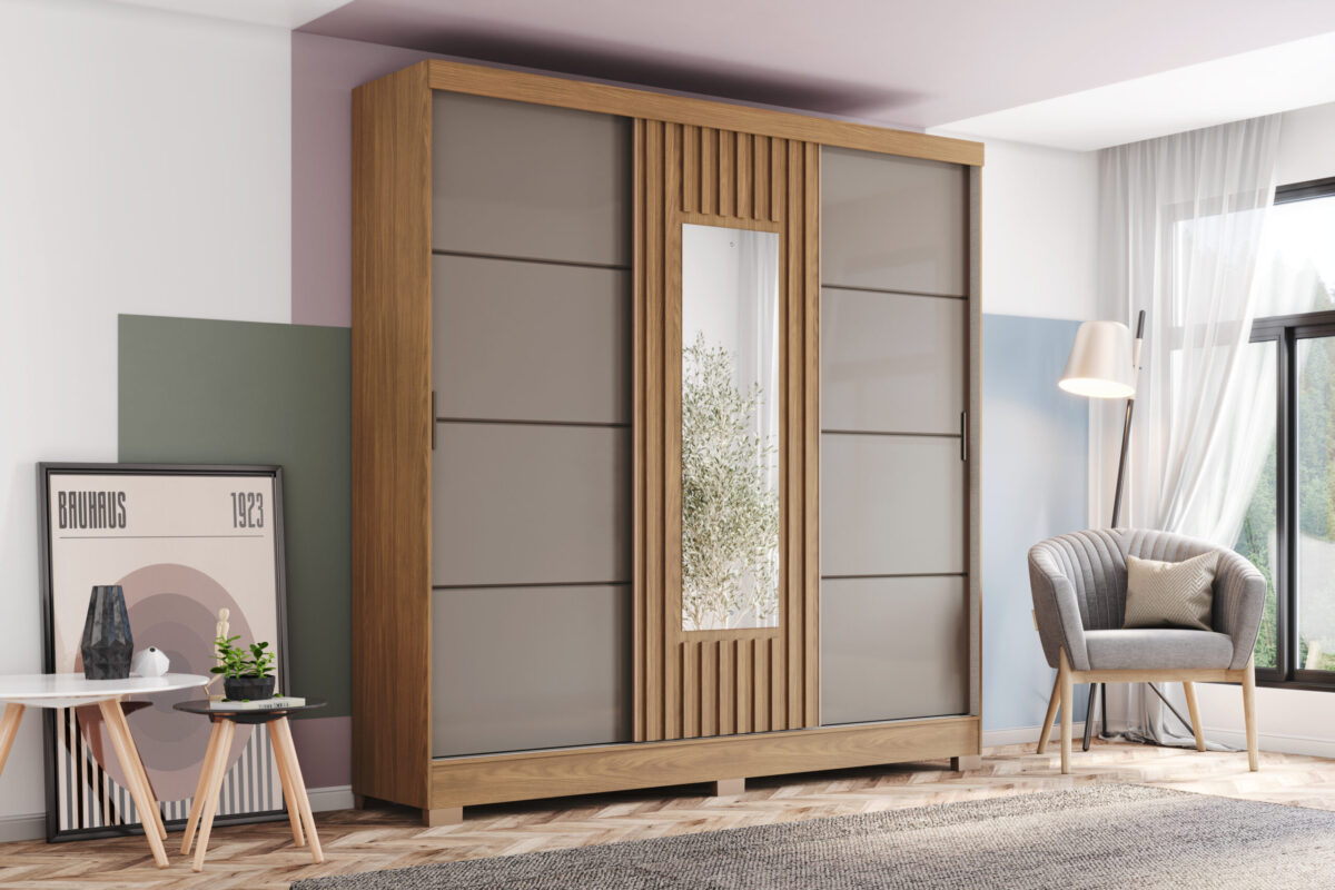 ARMOIRE COULISSANTE /MIROIR GRIS BOIS 2000X2150X480 B376-222