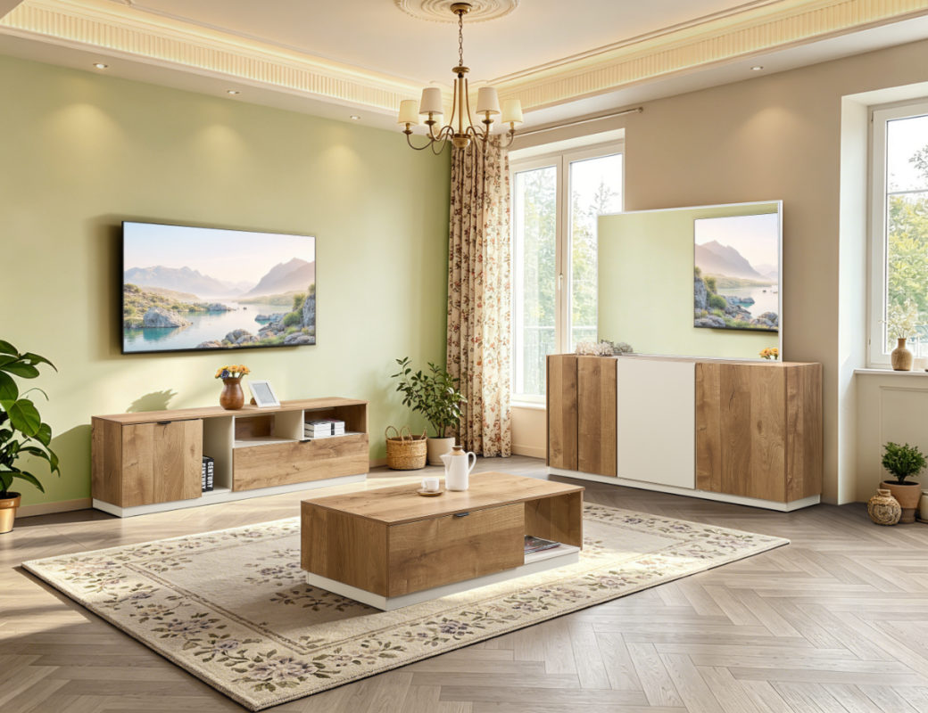 BAHUT DZ38 BEIGE BOIS M82/M03 1800X400X850 MIROIR 1400X1000X20